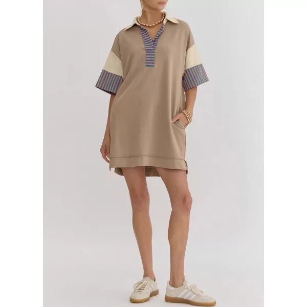 imagechouyatou Womens Summer VNeck Polo Collared Mini Dress Loose Casual Striped Splicing TShirt DressKhaki