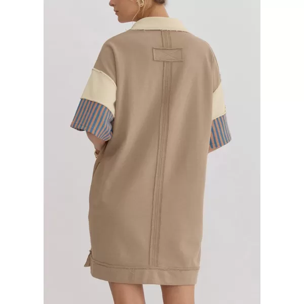 imagechouyatou Womens Summer VNeck Polo Collared Mini Dress Loose Casual Striped Splicing TShirt DressKhaki
