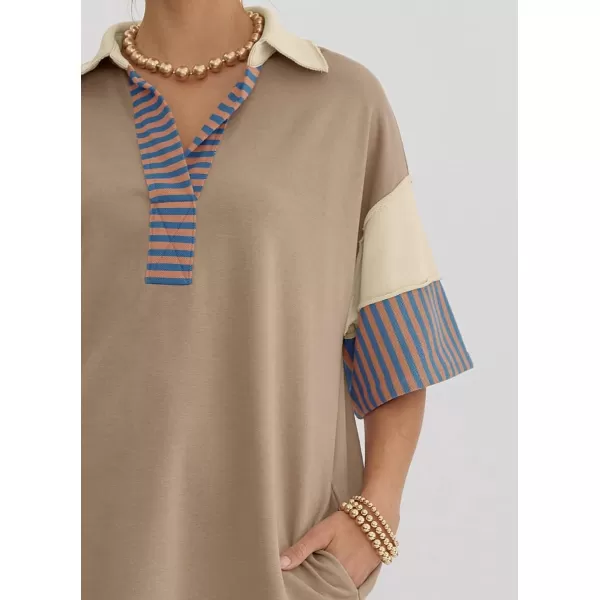 imagechouyatou Womens Summer VNeck Polo Collared Mini Dress Loose Casual Striped Splicing TShirt DressKhaki