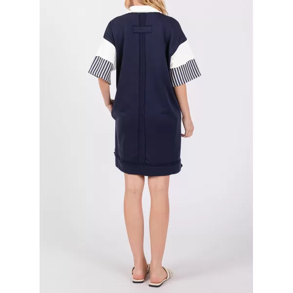 imagechouyatou Womens Summer VNeck Polo Collared Mini Dress Loose Casual Striped Splicing TShirt DressNavy Blue