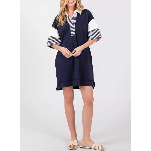 imagechouyatou Womens Summer VNeck Polo Collared Mini Dress Loose Casual Striped Splicing TShirt DressNavy Blue