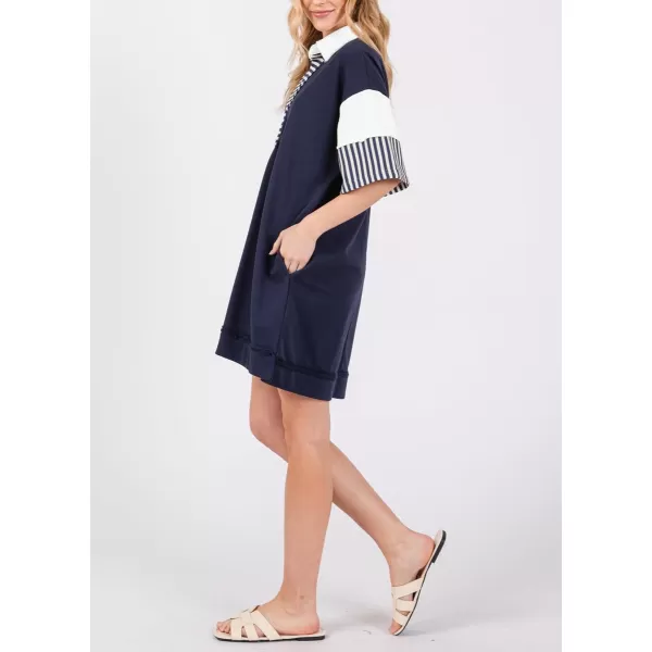 imagechouyatou Womens Summer VNeck Polo Collared Mini Dress Loose Casual Striped Splicing TShirt DressNavy Blue
