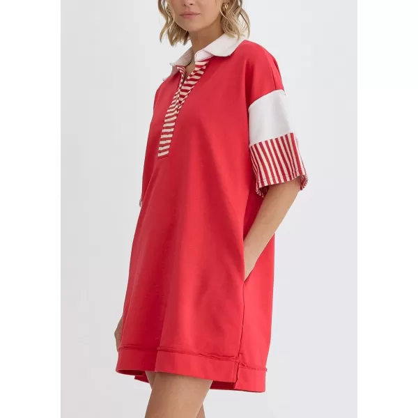 imagechouyatou Womens Summer VNeck Polo Collared Mini Dress Loose Casual Striped Splicing TShirt DressRed