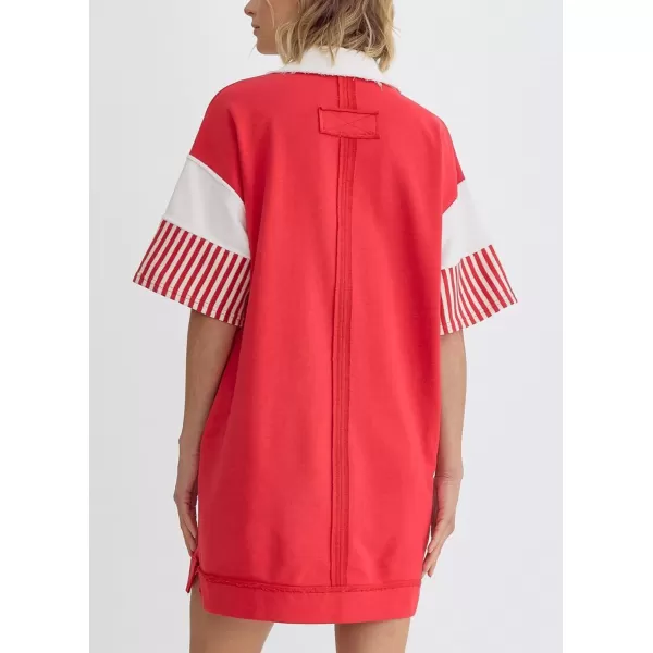 imagechouyatou Womens Summer VNeck Polo Collared Mini Dress Loose Casual Striped Splicing TShirt DressRed