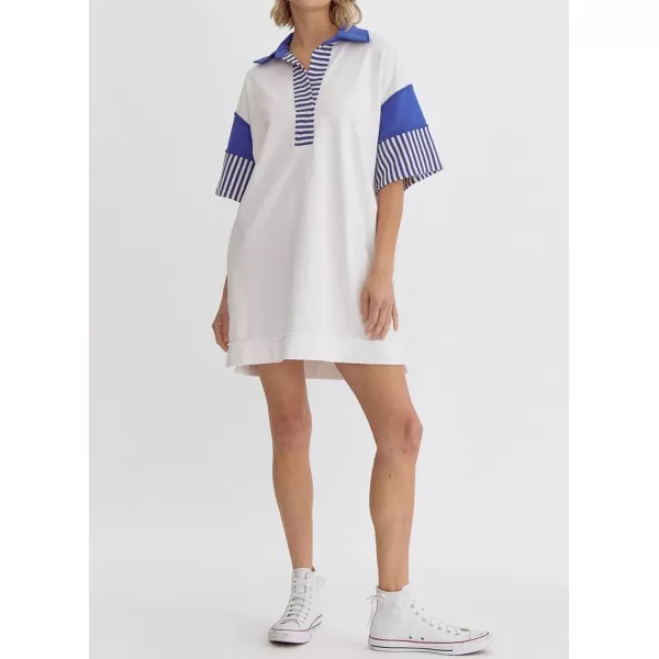 imagechouyatou Womens Summer VNeck Polo Collared Mini Dress Loose Casual Striped Splicing TShirt DressWhite