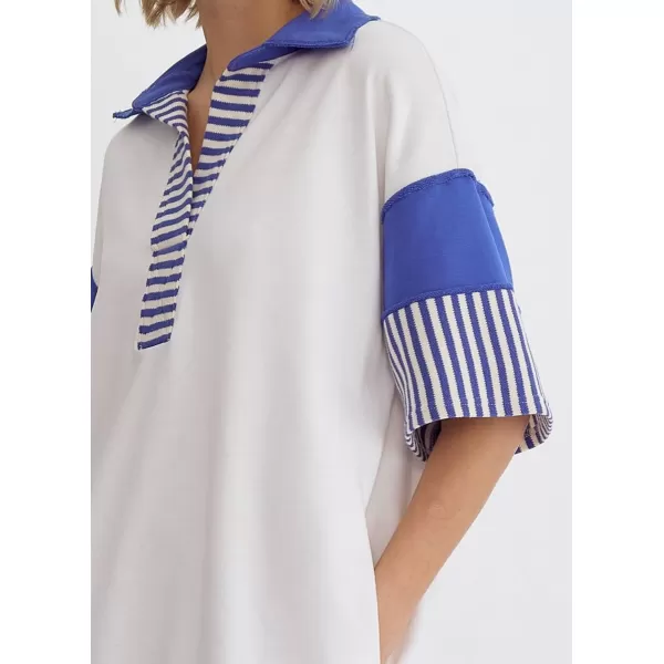 imagechouyatou Womens Summer VNeck Polo Collared Mini Dress Loose Casual Striped Splicing TShirt DressWhite
