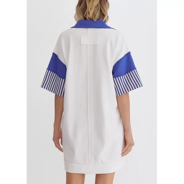 imagechouyatou Womens Summer VNeck Polo Collared Mini Dress Loose Casual Striped Splicing TShirt DressWhite