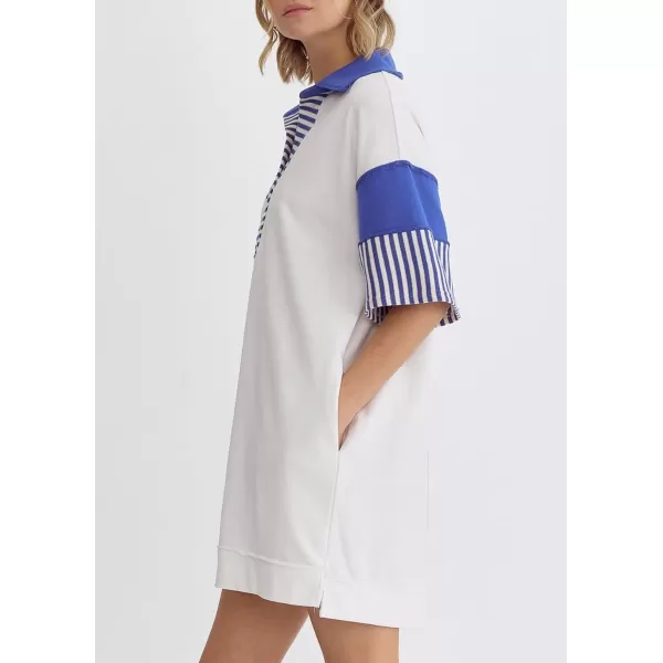 imagechouyatou Womens Summer VNeck Polo Collared Mini Dress Loose Casual Striped Splicing TShirt DressWhite
