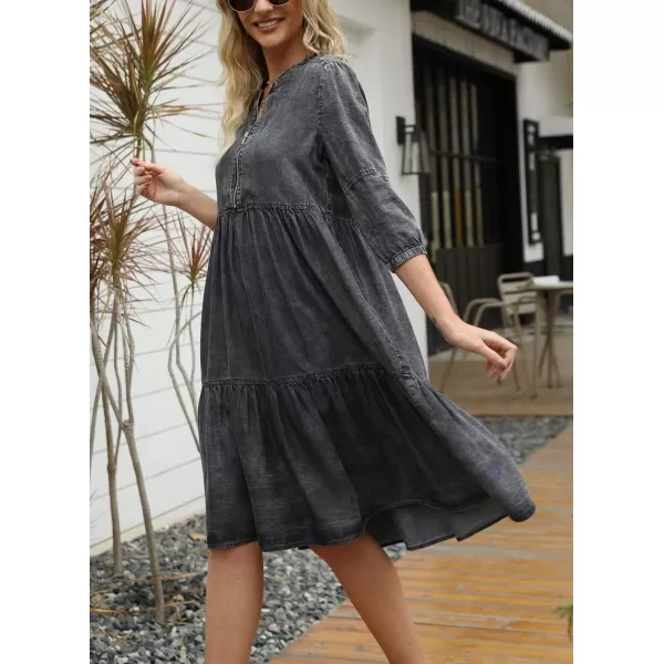 imagechouyatou Womens Vintage Washed Loose Fit 34 Sleeve Tiered Babydoll Mini Denim Jean DressBlack