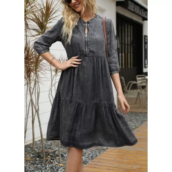 imagechouyatou Womens Vintage Washed Loose Fit 34 Sleeve Tiered Babydoll Mini Denim Jean DressBlack