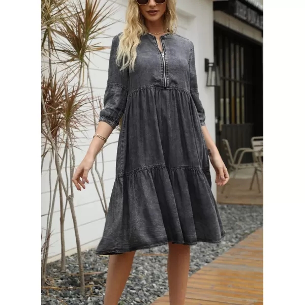 imagechouyatou Womens Vintage Washed Loose Fit 34 Sleeve Tiered Babydoll Mini Denim Jean DressBlack