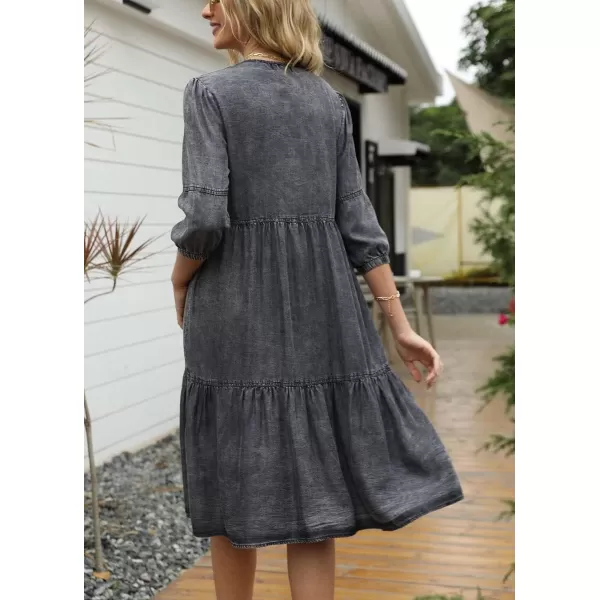 imagechouyatou Womens Vintage Washed Loose Fit 34 Sleeve Tiered Babydoll Mini Denim Jean DressBlack