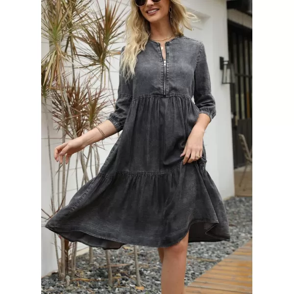 imagechouyatou Womens Vintage Washed Loose Fit 34 Sleeve Tiered Babydoll Mini Denim Jean DressBlack
