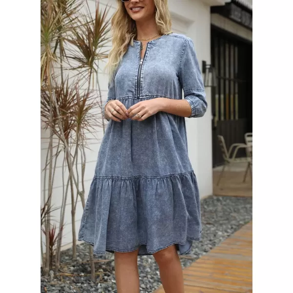 imagechouyatou Womens Vintage Washed Loose Fit 34 Sleeve Tiered Babydoll Mini Denim Jean DressBlue