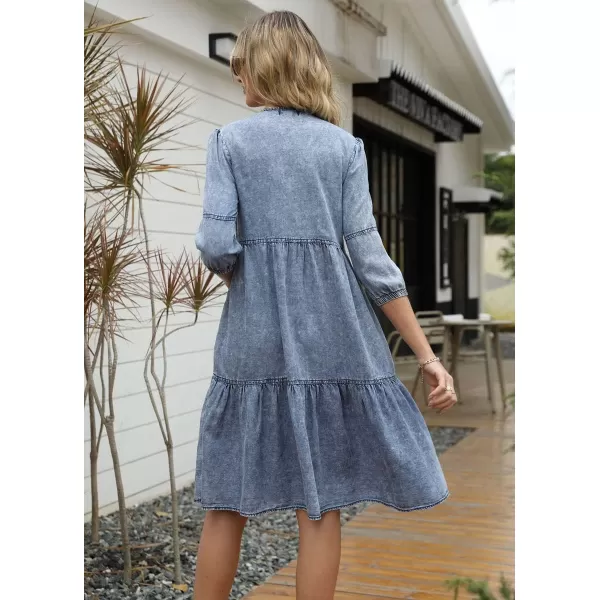 imagechouyatou Womens Vintage Washed Loose Fit 34 Sleeve Tiered Babydoll Mini Denim Jean DressBlue