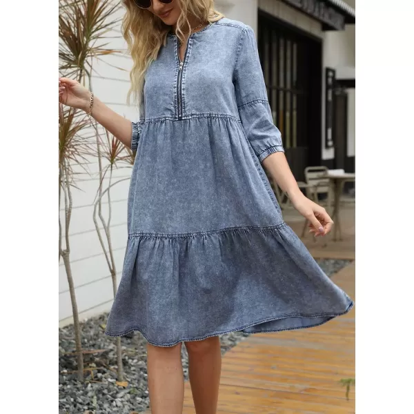 imagechouyatou Womens Vintage Washed Loose Fit 34 Sleeve Tiered Babydoll Mini Denim Jean DressBlue