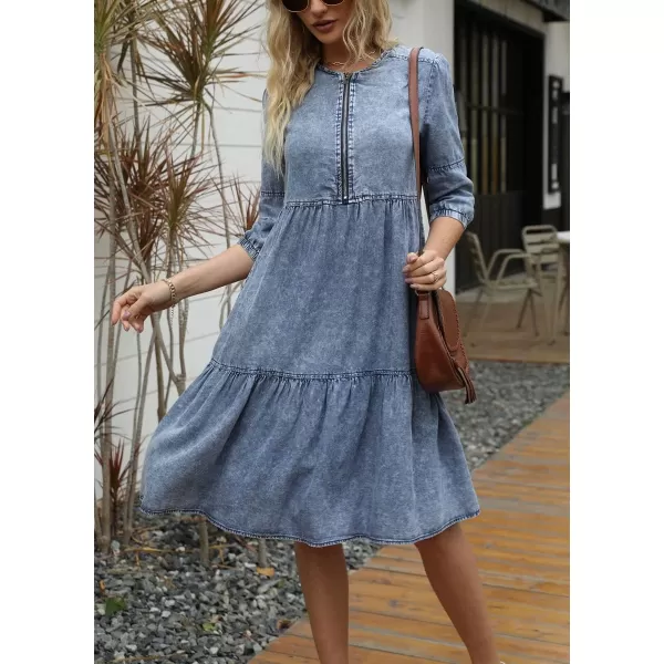 imagechouyatou Womens Vintage Washed Loose Fit 34 Sleeve Tiered Babydoll Mini Denim Jean DressBlue