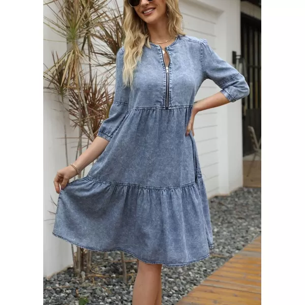 imagechouyatou Womens Vintage Washed Loose Fit 34 Sleeve Tiered Babydoll Mini Denim Jean DressBlue