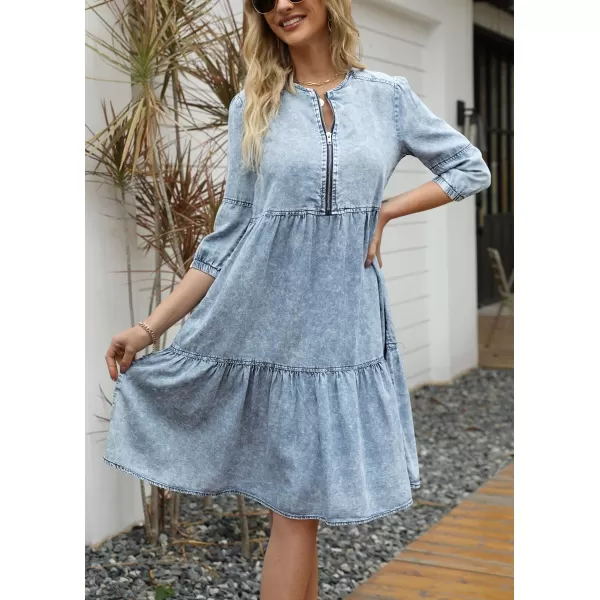 imagechouyatou Womens Vintage Washed Loose Fit 34 Sleeve Tiered Babydoll Mini Denim Jean DressLight Blue