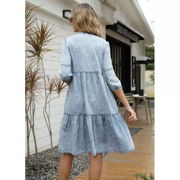 imagechouyatou Womens Vintage Washed Loose Fit 34 Sleeve Tiered Babydoll Mini Denim Jean DressLight Blue