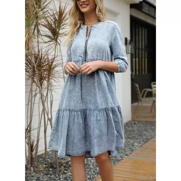 imagechouyatou Womens Vintage Washed Loose Fit 34 Sleeve Tiered Babydoll Mini Denim Jean DressLight Blue