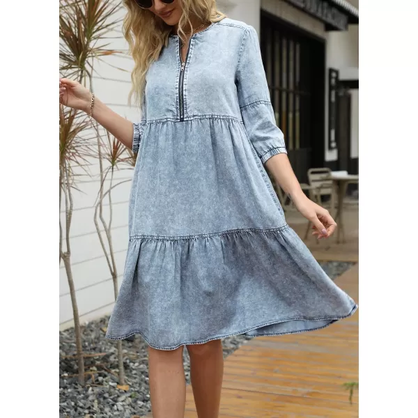 imagechouyatou Womens Vintage Washed Loose Fit 34 Sleeve Tiered Babydoll Mini Denim Jean DressLight Blue
