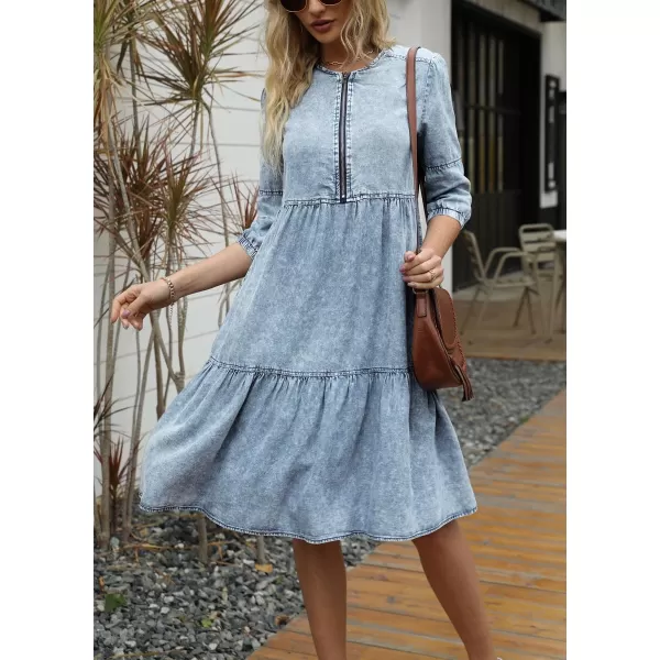 imagechouyatou Womens Vintage Washed Loose Fit 34 Sleeve Tiered Babydoll Mini Denim Jean DressLight Blue