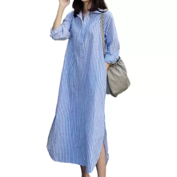 imagechouyatou Women Casual Long Sleeve V Neck Striped Shift Dress Loose Long Maxi Cotton Shirt Dress with PocketBlue