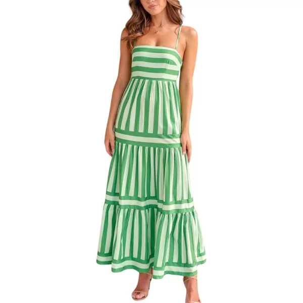 imagechouyatou Women Spaghetti Strap Back Smocked Maxi Striped Dress Summer Casual Floral Flowy Beach Sun DressGreen