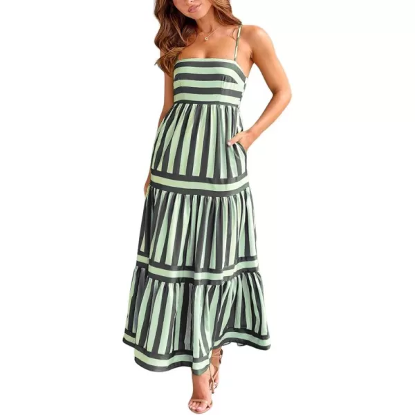 imagechouyatou Women Spaghetti Strap Back Smocked Maxi Striped Dress Summer Casual Floral Flowy Beach Sun DressGreen Black