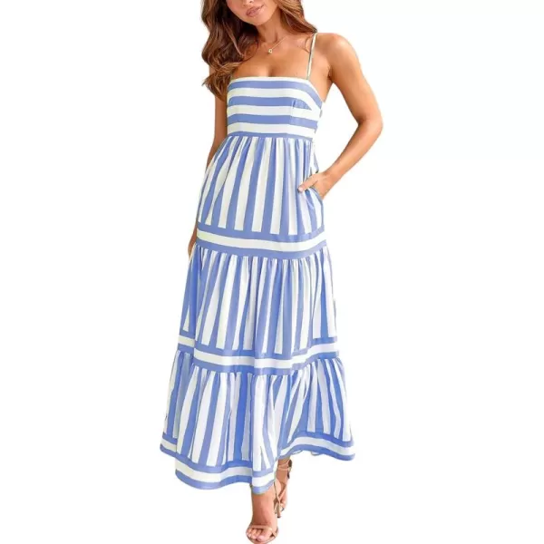 imagechouyatou Women Spaghetti Strap Back Smocked Maxi Striped Dress Summer Casual Floral Flowy Beach Sun DressLight Blue