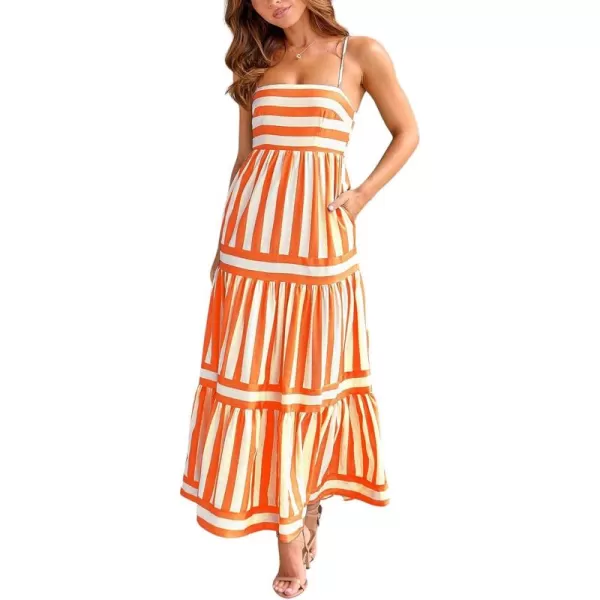 imagechouyatou Women Spaghetti Strap Back Smocked Maxi Striped Dress Summer Casual Floral Flowy Beach Sun DressOrange