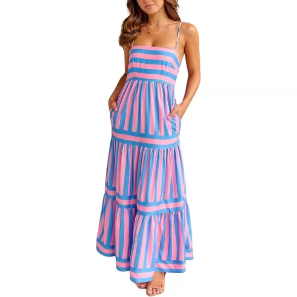 imagechouyatou Women Spaghetti Strap Back Smocked Maxi Striped Dress Summer Casual Floral Flowy Beach Sun DressPink Blue