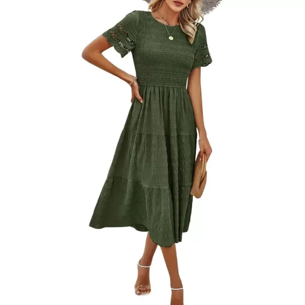 imagechouyatou Womens 2024 Spring Summer Solid Color elegant dresses Crewneck cut out Maxi DressArmygreen
