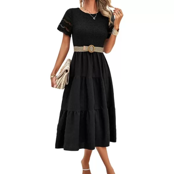 imagechouyatou Womens 2024 Spring Summer Solid Color elegant dresses Crewneck cut out Maxi DressBlack