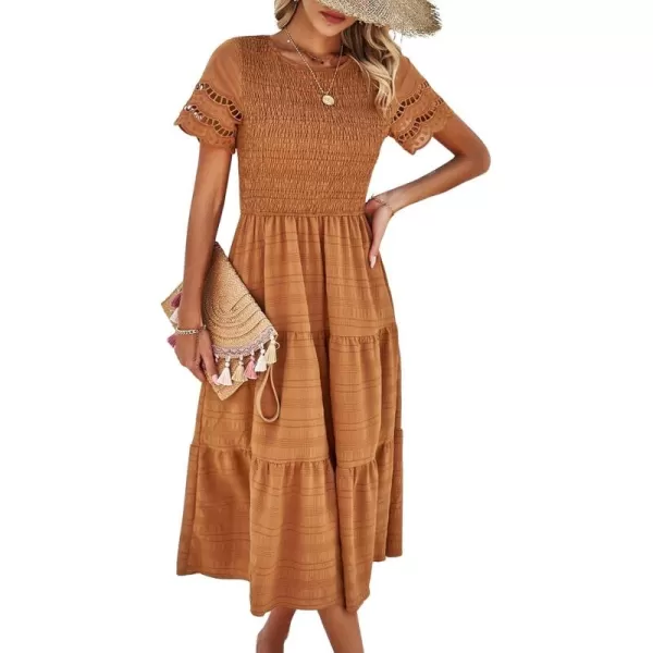 imagechouyatou Womens 2024 Spring Summer Solid Color elegant dresses Crewneck cut out Maxi DressBrown