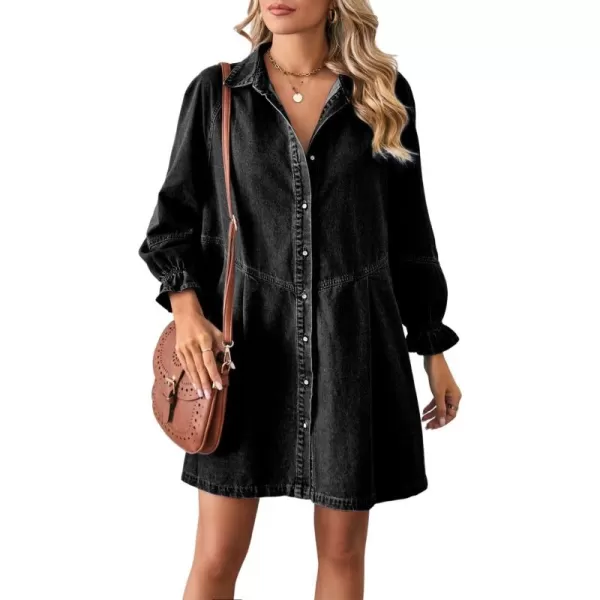 imagechouyatou Womens Button Down Denim Shirt Dress Lantern Bracelet Sleeve Tiered Baydoll Jean Mini DressBlack Gray