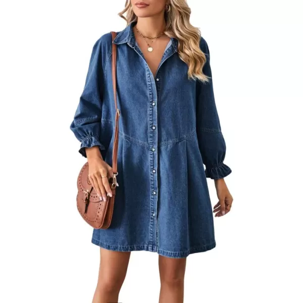 imagechouyatou Womens Button Down Denim Shirt Dress Lantern Bracelet Sleeve Tiered Baydoll Jean Mini DressDark Blue