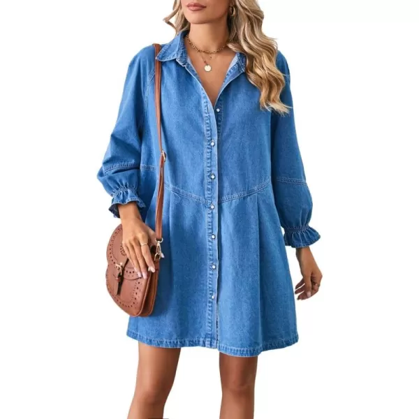 imagechouyatou Womens Button Down Denim Shirt Dress Lantern Bracelet Sleeve Tiered Baydoll Jean Mini DressLight Blue