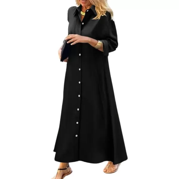 imagechouyatou Womens Casual Button Down Maxi Shirt Dress Long Sleeve Button Up Tunic Long DressBlack