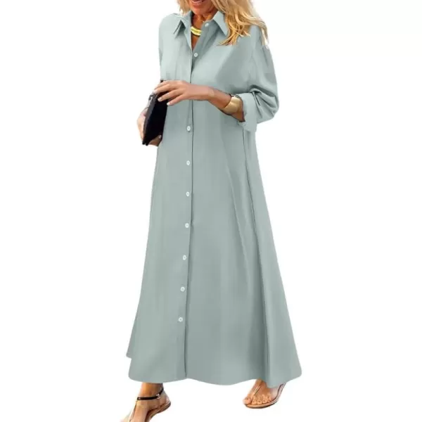 imagechouyatou Womens Casual Button Down Maxi Shirt Dress Long Sleeve Button Up Tunic Long DressGray