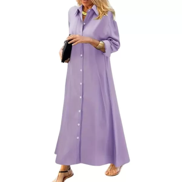 imagechouyatou Womens Casual Button Down Maxi Shirt Dress Long Sleeve Button Up Tunic Long DressPurple