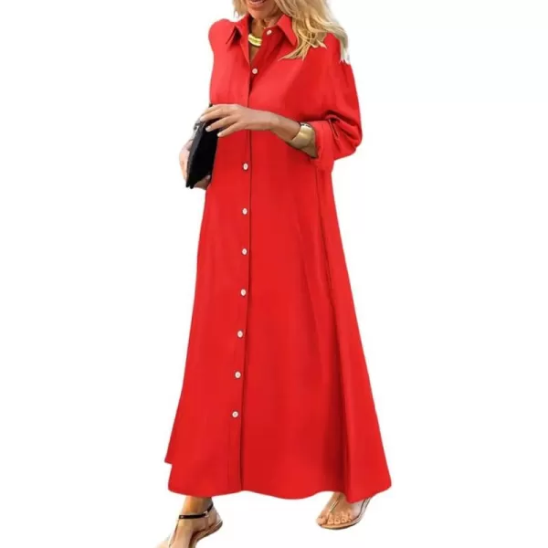 imagechouyatou Womens Casual Button Down Maxi Shirt Dress Long Sleeve Button Up Tunic Long DressRed