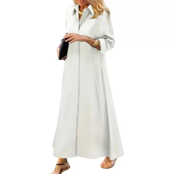 imagechouyatou Womens Casual Button Down Maxi Shirt Dress Long Sleeve Button Up Tunic Long DressWhite