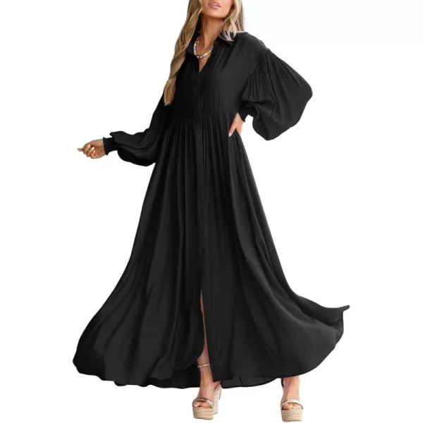 imagechouyatou Womens Casual Long Sleeve Button Down Shirt Dress Elegant Pleated Flowy Swing Maxi DressBlack
