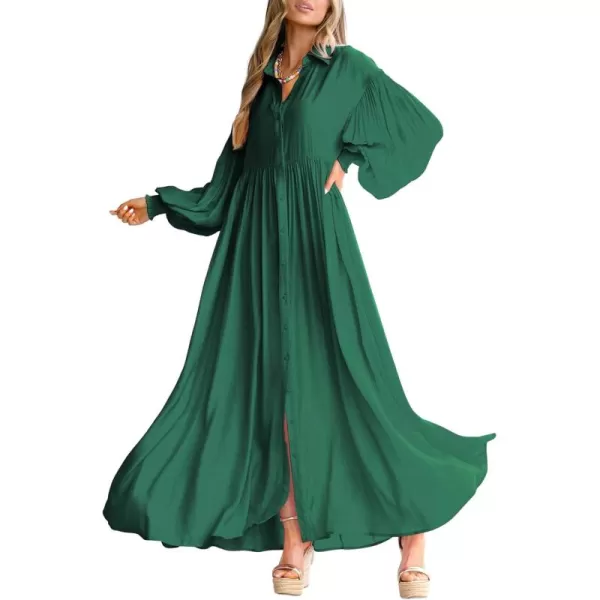 imagechouyatou Womens Casual Long Sleeve Button Down Shirt Dress Elegant Pleated Flowy Swing Maxi DressDark Green