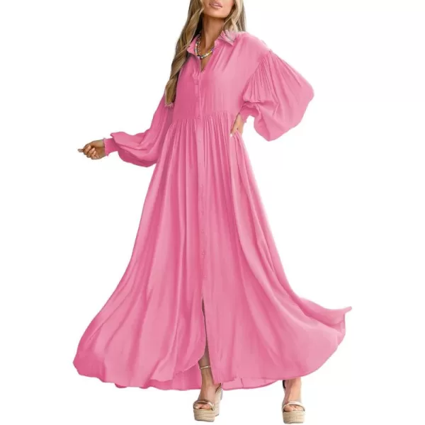 imagechouyatou Womens Casual Long Sleeve Button Down Shirt Dress Elegant Pleated Flowy Swing Maxi DressPink