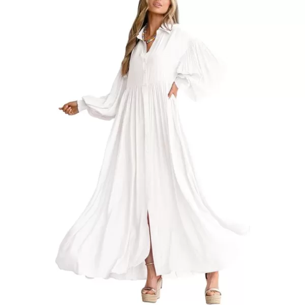 imagechouyatou Womens Casual Long Sleeve Button Down Shirt Dress Elegant Pleated Flowy Swing Maxi DressWhite
