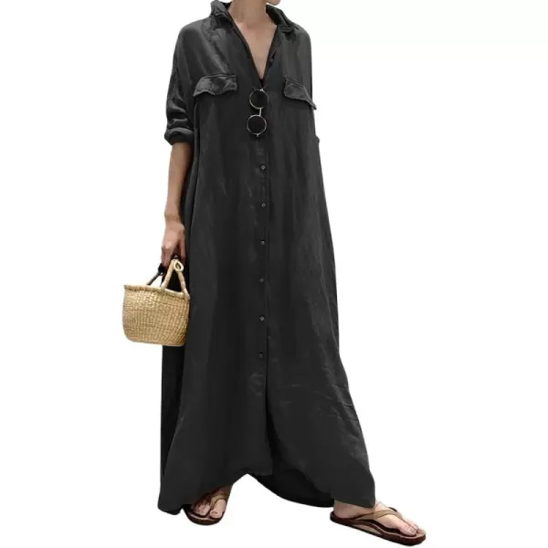imagechouyatou Womens Casual Long Sleeve Maxi Shirt Dress Loose Fit Cotton Button Down Swing Long DressBlack