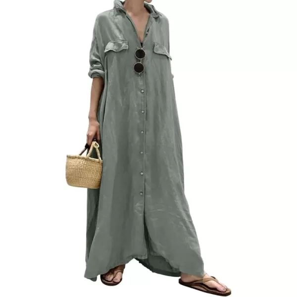 imagechouyatou Womens Casual Long Sleeve Maxi Shirt Dress Loose Fit Cotton Button Down Swing Long DressGreenish Grey